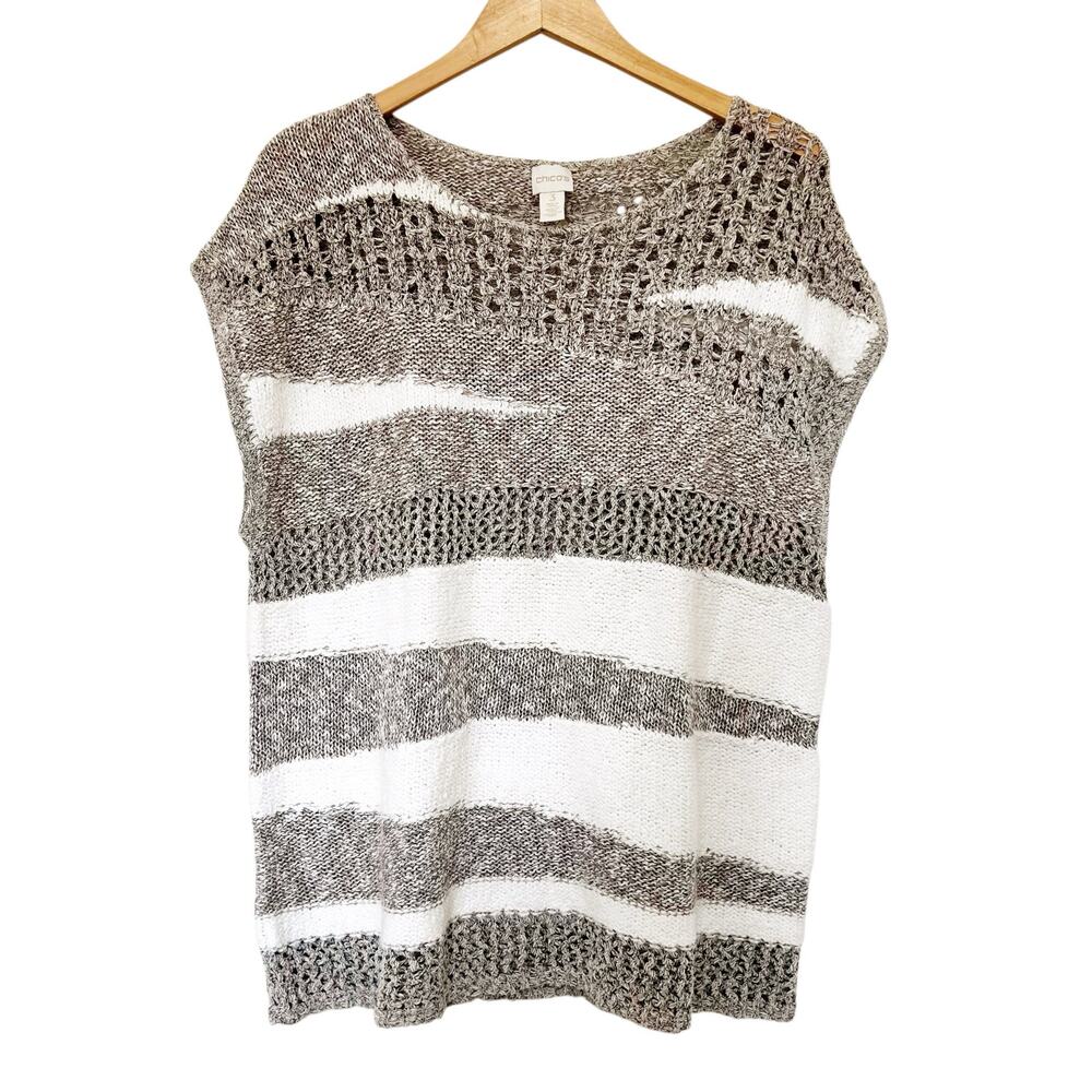 Chico's Open-Knit Striped Sweater Vest in White and Taupe